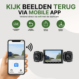 Schwarze VisionEdge Pro Dashcam mit WLAN, verbunden mit dem Smartphone für Live-Videoanzeige über die App.