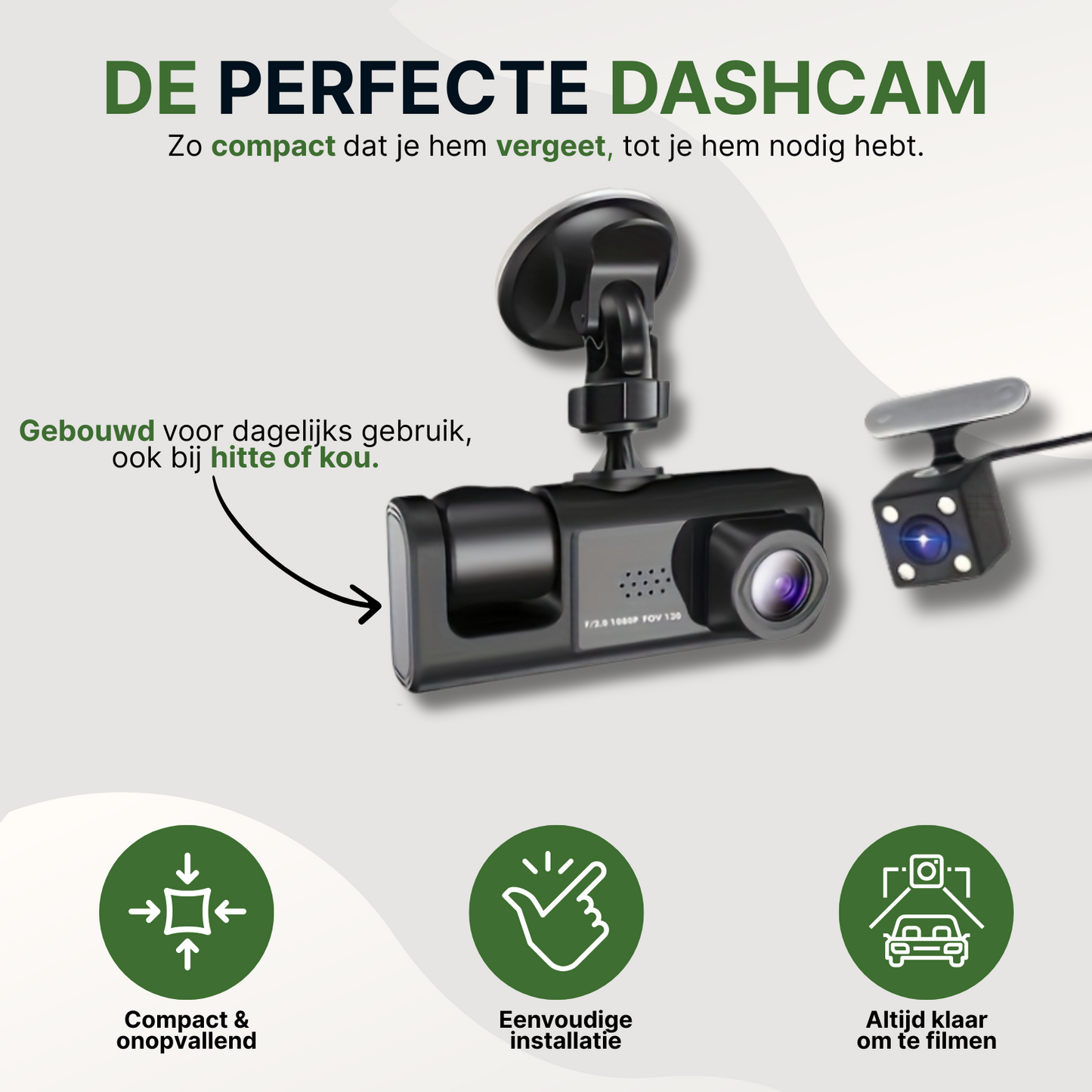 Compacte en onopvallende VisionTrack Pro dashcam voor dagelijks gebruik, bestand tegen hitte en kou, eenvoudig te installeren en altijd klaar om te filmen.