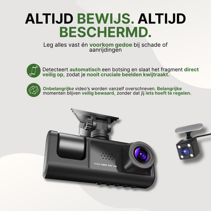 VisionTrack Pro dashcam met automatische botsingsdetectie en beveiligde video-opslag, voorkomt verlies van cruciale beelden bij schade of aanrijdingen.