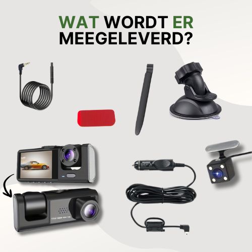 Inhoud van de VisionTrack Pro dashcam bundel met camera, achtercamera, zuignap, autolader, kabels, montagetools en meer handige accessoires.