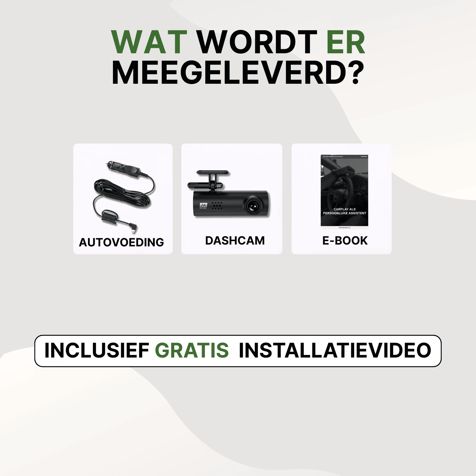 Inhalt des VoiceGuard Dashcam Pro Sets mit Dashcam, Autoladegerät und E-Book auf weißem Hintergrund.
