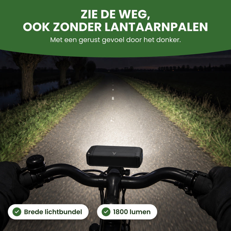 Unbeleuchteter Radweg bei Nacht, ausgeleuchtet von der Voltura-Fahrradlampe: Sieh die Straße, auch ohne Laternen