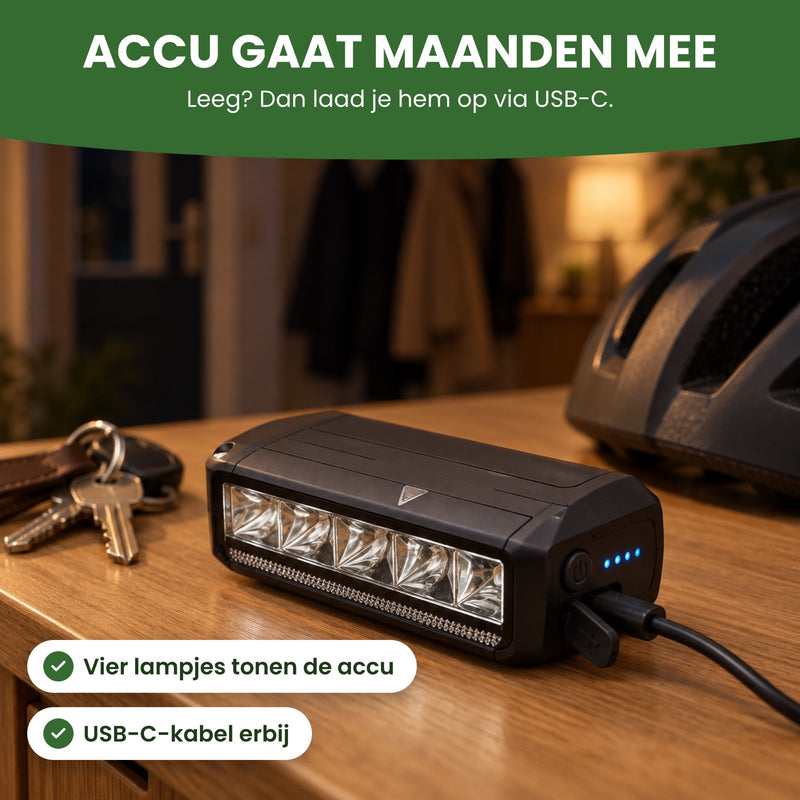 Voltura-Fahrradlampe am USB-C-Kabel mit vier blauen LEDs für den Akkustand: Akku hält monatelang
