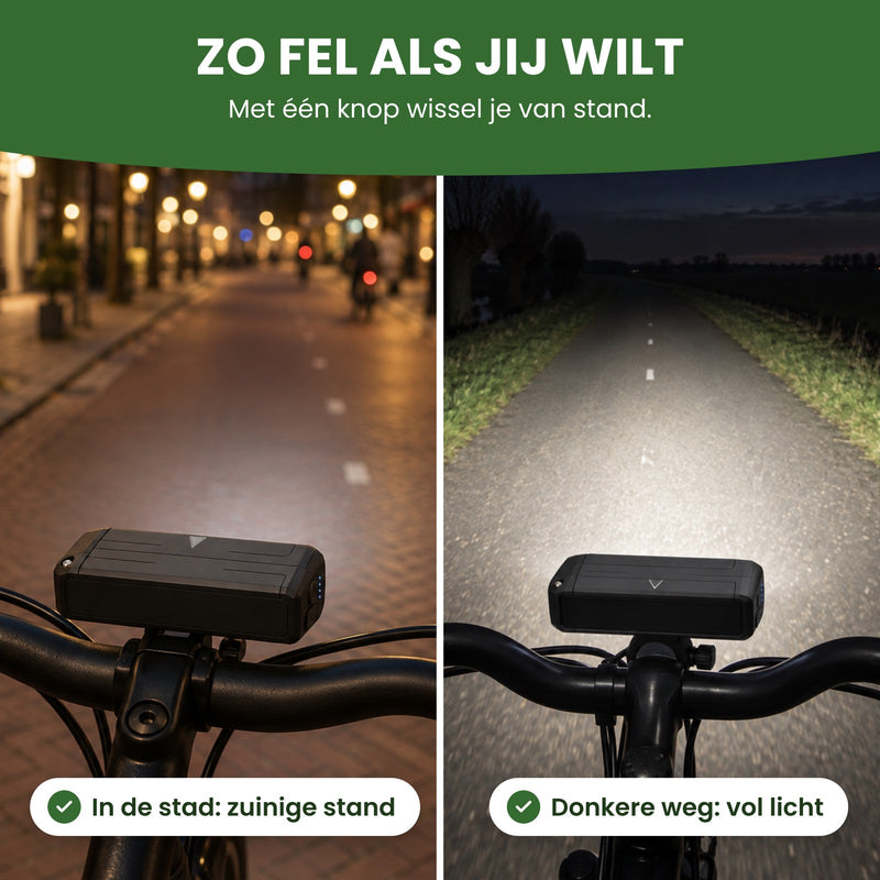 Links die Voltura-Fahrradlampe im Sparmodus in der Stadt, rechts mit vollem Licht im Dunkeln auf einem unbeleuchteten Radweg