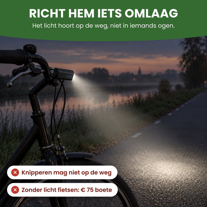 Voltura-Fahrradlampe leicht nach unten gerichtet: der Lichtkegel fällt auf die Straße