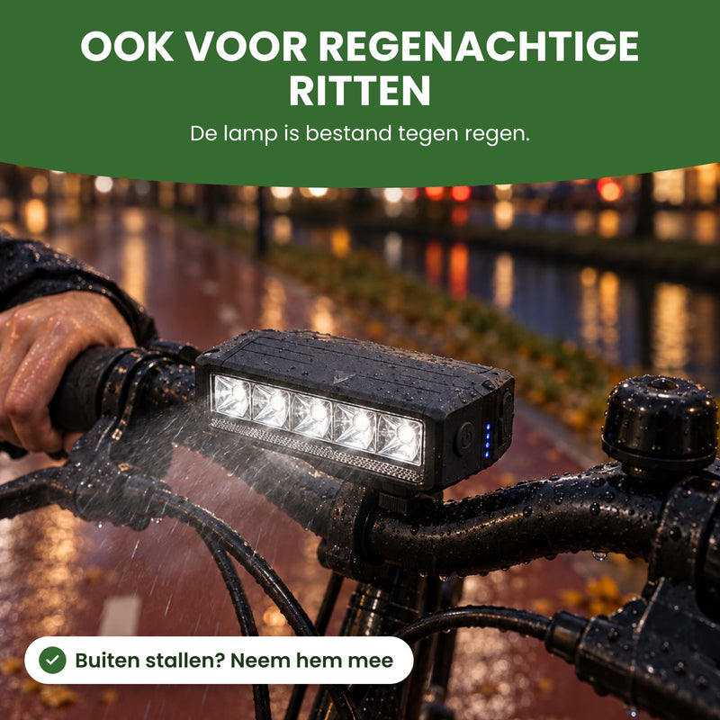 Voltura-Fahrradlampe leuchtet am Lenker im Regen: die Lampe ist regenfest