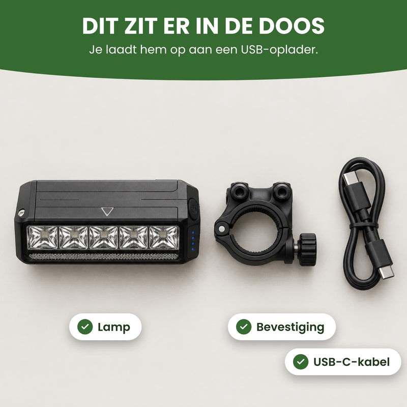In der Box: die Voltura-Fahrradlampe, die Lenkerhalterung und ein USB-C-Kabel