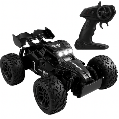 Zwarte bestuurbare auto met grove offroad banden, LED-verlichting en bijbehorende afstandsbediening.Select 88 more words to run Humanizer.