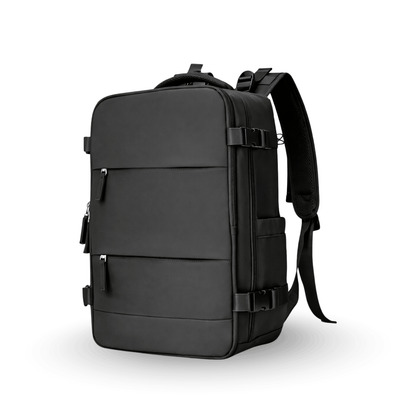 Schwarze Reisetasche im Rucksackstil mit mehreren Reißverschlussfächern und gepolsterten Schultergurten.